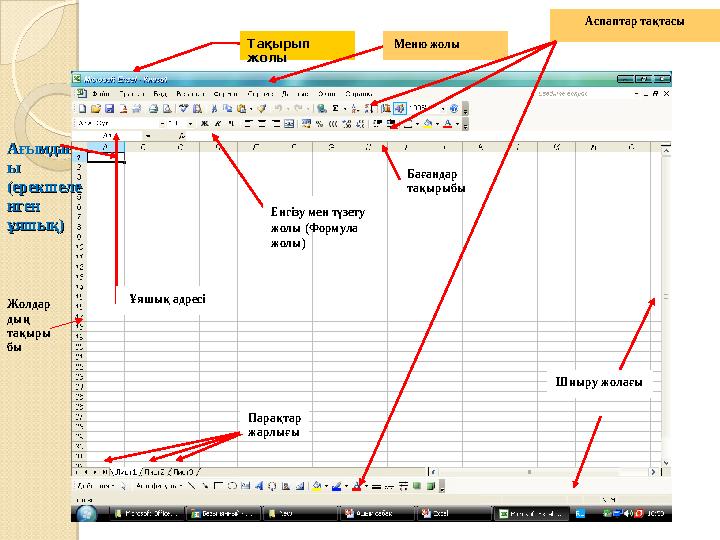 Тақырып Тақырып жолыжолы Меню жолы Аспаптар тақтасы Шиыру жолағы Парақтар жарлығы Ұяшық адресі Жолдар дың тақыры бы Ағым