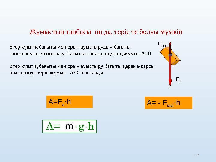 24 F а F кед А=F а ·h А= - F кед ·h Жұмыстың таңбасы оң да, теріс те болуы мүмкін Егер күштің бағыты мен орын ауыстырудың бағ