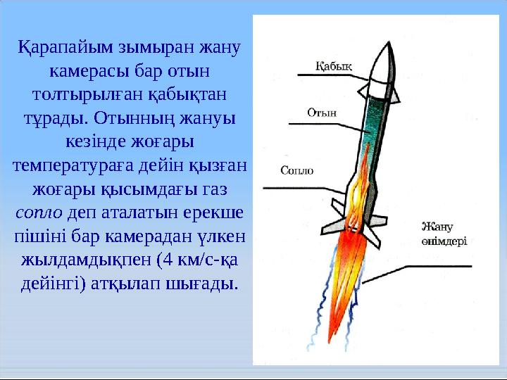 Қарапайым зымыран жану камерасы бар отын толтырылған қабықтан тұрады. Отынның жануы кезінде жоғары температураға дейін қызғ