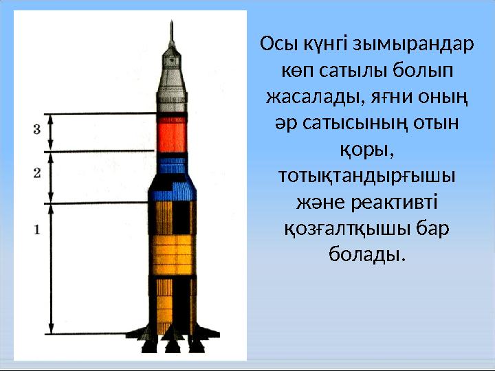 Осы күнгі зымырандар көп сатылы болып жасалады, яғни оның әр сатысының отын қоры, тотықтандырғышы және реактивті қозғалтқ