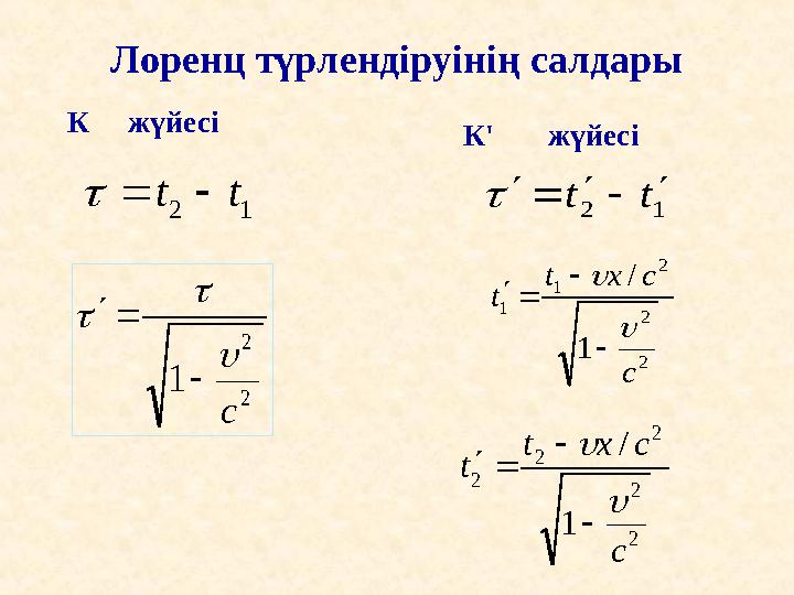 Лоренц түрлендіруінің салдары К жүйесі 12 tt 2 2 1 c      К' жүйесі 12 tt 2 2 2 1 1 1 / c cxt