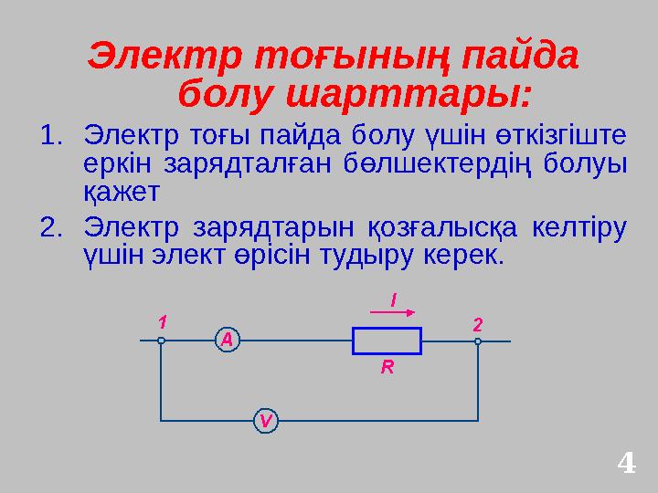 Электр тоғының пайда болу шарттары: 1.Электр тоғы пайда болу үшін өткізгіште еркін зарядталған бөлшектердің болуы қажет 2.Эле Электр тоғының пайда болу шарттары: 1.Электр тоғы пайда болу үшін өткізгіште еркін зарядталған бөлшектердің болуы қажет 2.Эле