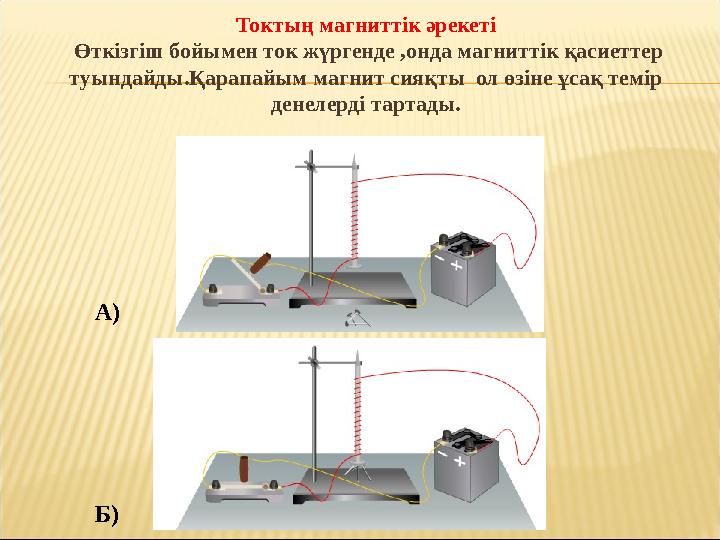 Токтың магниттік әрекеті Өткізгіш бойымен ток жүргенде ,онда магниттік қасиеттер туындайды.Қарапайым магнит сияқты ол өзіне ұ Токтың магниттік әрекеті Өткізгіш бойымен ток жүргенде ,онда магниттік қасиеттер туындайды.Қарапайым магнит сияқты ол өзіне ұ