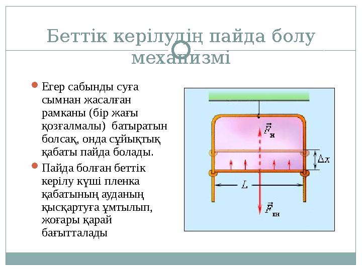 Беттік керілудің пайда болу механизмі Егер сабынды суға сымнан жасалған рамканы (бір жағы қозғалмалы) батыратын болсақ, о Беттік керілудің пайда болу механизмі Егер сабынды суға сымнан жасалған рамканы (бір жағы қозғалмалы) батыратын болсақ, о