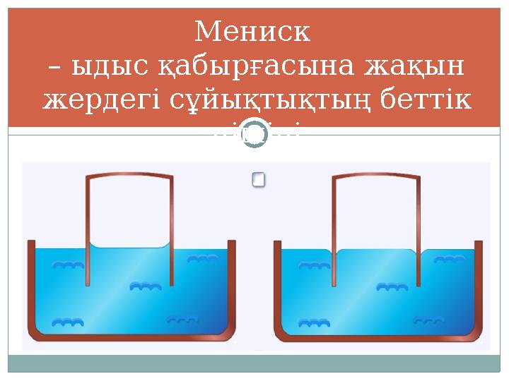 Мениск – ыдыс қабырғасына жақын жердегі сұйықтықтың беттік пішіні Мениск – ыдыс қабырғасына жақын жердегі сұйықтықтың беттік пішіні