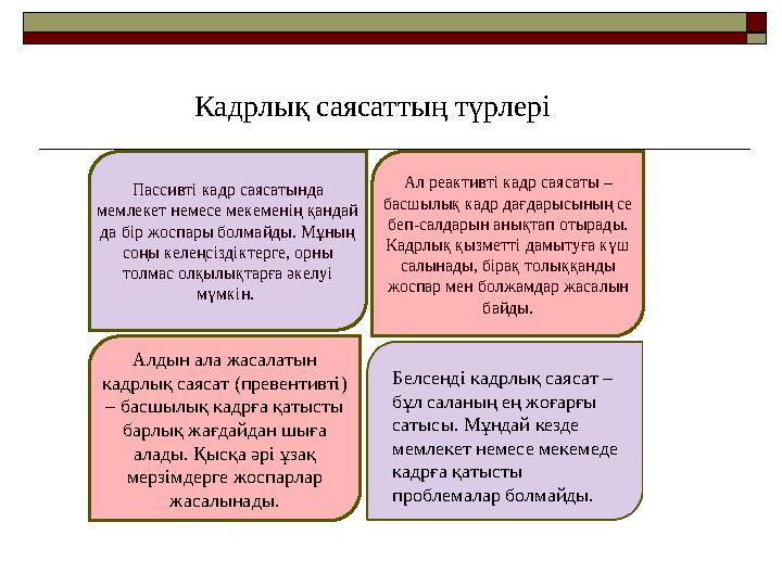 Пассивті кадр саяса ­ты­нда мемлекет немесе мекеменің қандай да бір жоспары болмайды. Мұның соңы ке ­лең­сіздіктерге, орны
