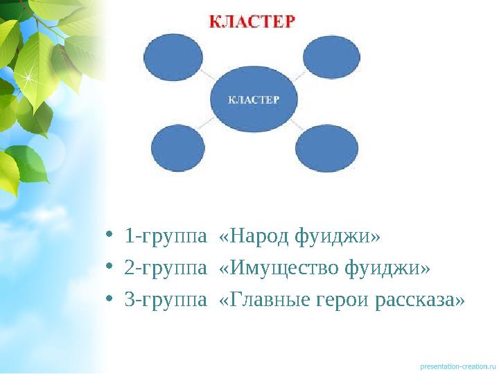 •1-группа «Народ фуиджи» •2-группа «Имущество фуиджи» •3-группа «Главные герои рассказа»