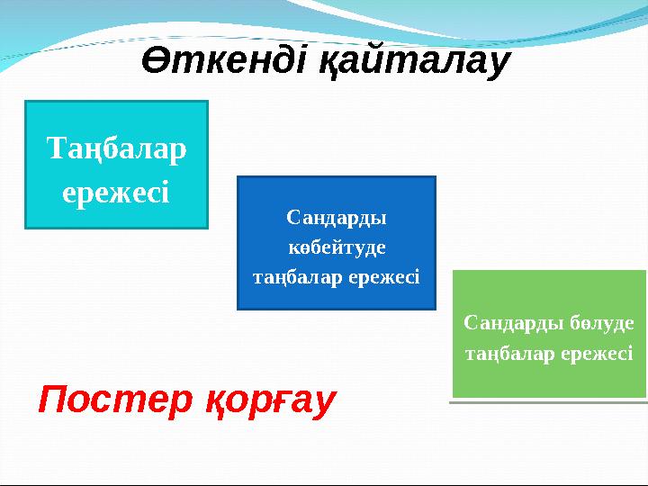 Өткенді қайталау Таңбалар ережесі Сандарды көбейтуде таңбалар ережесіСандарды бөлуде таңбалар ережесі Сандарды бөлуде таң