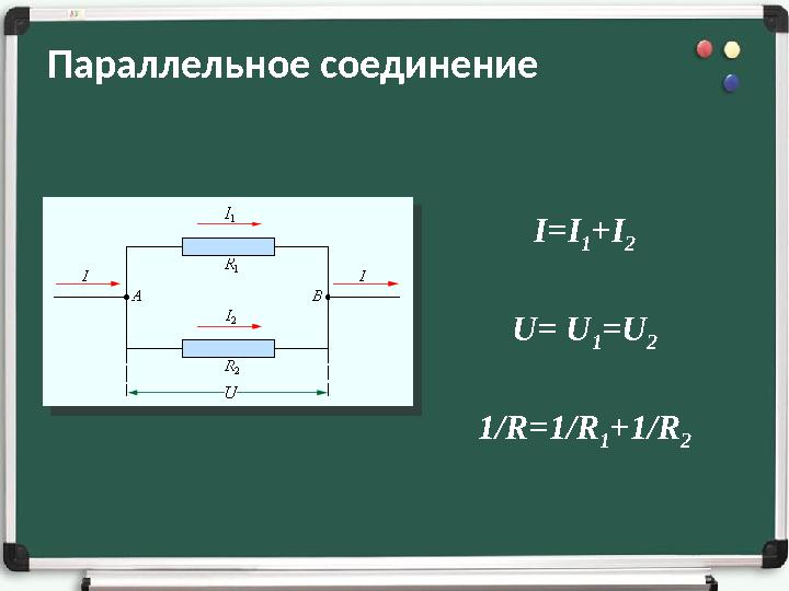 Параллельное соединение I=I 1+I 2 U= U 1=U 2 1/R=1/R 1+1/R 2