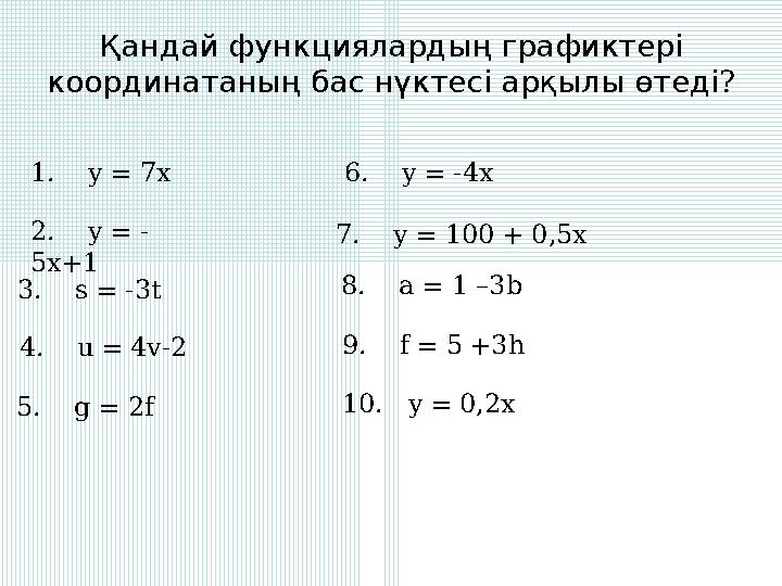 Қандайфункциялардыңграфиктері ? координатаныңбаснүктесіарқылыөтеді 1. y = 7x 2. y = - 5x+1 3. s = -3t 4. u = 4v-2 5.