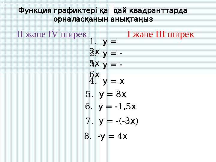 Функция графиктері қандай квадранттарда орналасқанын анықтаңыз 1. = у 2 х 2. = - у 5 х I және III ширек II және IV шир