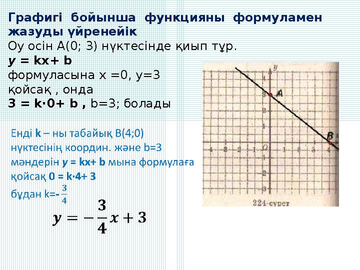 Графигі бойынша функцияны формуламен жазуды үйренейік Оу осін А(0; 3) нүктесінде қиып тұр. у = kx+ b формуласына х =0, у=3 қойс
