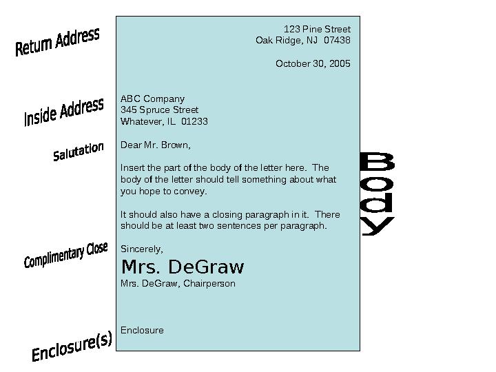 123 Pine Street Oak Ridge, NJ 07438 October 30, 2005 ABC Company 345 Spruce Street Whatever, IL 01233 Dear Mr. Brown, Insert t 123 Pine Street Oak Ridge, NJ 07438 October 30, 2005 ABC Company 345 Spruce Street Whatever, IL 01233 Dear Mr. Brown, Insert t