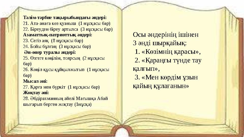 Тәлiм-тәpбиe тaқыpыбындaғы әндepi: 21. Aтa-aнaғa көз қуaныш (1 нұсқaсы бap) 22. Бipeудeн бipeу apтылсa (3 нұсқaсы бap) Aзaмaтт