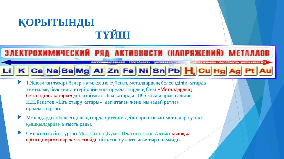 ҚОРЫТЫНДЫ ТҮЙІН 1.Жасалған тәжірибелер нәтижесіне сүйеніп, металдардың белсенділік қатарда