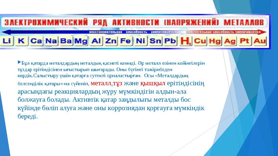 Бұл қатарда металдардың металдық қасиеті кемиді. Әр металл өзінен кейінгілерін тұздар ерітіндісінен ығыстырып шығарады