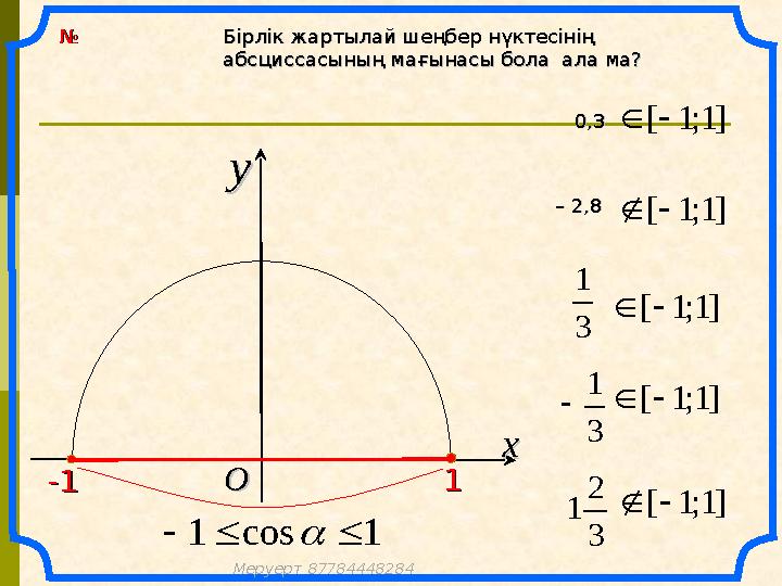 xx yy OO №№ 1cos1   -1-1 11 Бірлік жартылай шеңбер нүктесінің Бірлік жартылай шеңбер нүктесінің абсциссасының мағына