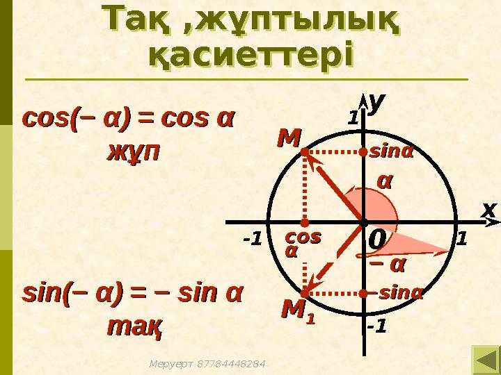0 Тақ ,жұптылық қасиеттері Тақ ,жұптылық қасиеттері x 1 -1 -1 1 MM αα −− αα MM 11 coscos((−− αα) = ) = cos cos αα жұпжұп s