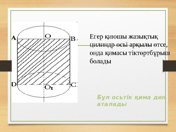 Егер қиюшы жазықтық цилиндр осьі арқылы өтсе, онда қимасы тіктөртбұрыш болады Бұл осьтік қима деп аталады