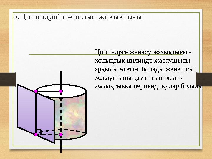 5.Цилиндрдің жанама жақықтығы Цилиндрге жанасу жазықтығы - жазықтық цилиндр жасаушысы арқылы өтетін болады және осы жасаушыны
