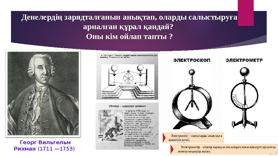 Денелердің зарядталғанын анықтап, оларды салыстыруға арналған құрал қандай? Оны кім ойлап тапты ? Георг Вильгельм Рихман (1