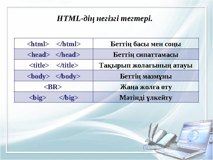 HTML-дің негізгі тегтері. <html> </html> Беттің басы мен соңы <head> </head> Беттің сипаттамасы <title> </title> Тақыр