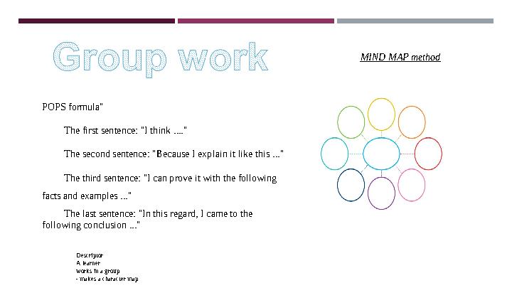 MIND MAP method Descriptor A learner works in a group - makes a character map POPS formula" The first sentence: "I thi