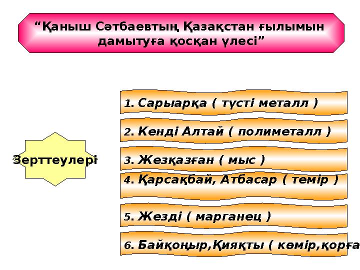 “Қаныш Сәтбаевтың Қазақстан ғылымын дамытуға қосқан үлесі” Зерттеулері 1. Сарыарқа ( түсті металл ) 2. Кенді Алтай ( полиметалл