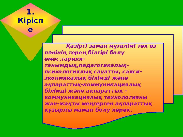 1. Кірісп е Қазіргі заман мұғалімі тек өз пәнінің терең білгірі болу емес,тарихи- танымдық,педагогикалық- психологиялық сау