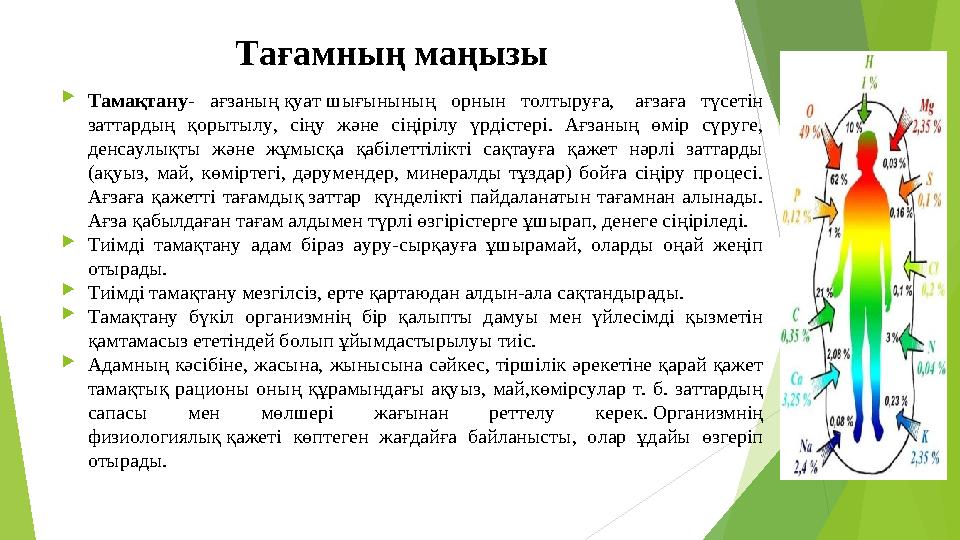 Тағамның маңызы Тамақтану- ағзаның қуат шығынының орнын толтыруға, ағзаға түсетін заттардың қорытылу, сіңу және сіңір