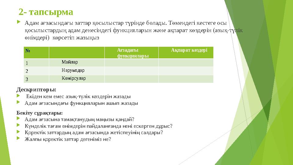 2- тапсырма Адам ағзасындағы заттар қосылыстар түрінде болады. Төмендегі кестеге осы қосылыстардың адам денесіндегі фу