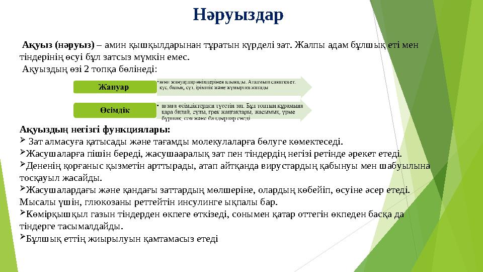 Нәруыздар Ақуыз (нәруыз) – амин қышқылдарынан тұратын күрделі зат. Жалпы адам бұлшық еті мен тіндерінің өсуі бұл затсы