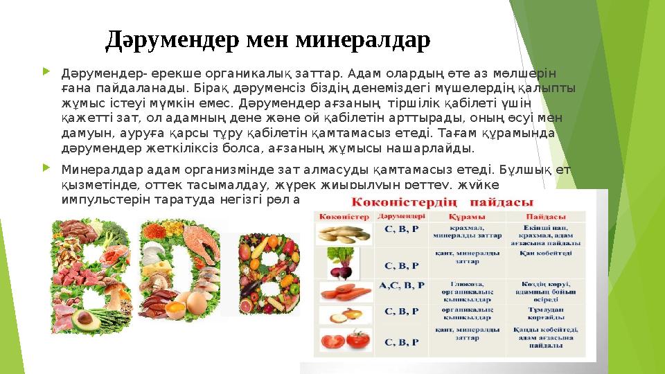 Дәрумендер мен минералдар Дәрумендер- ерекше органикалық заттар. Адам олардың өте аз мөлшерін ғана пайдаланады. Бірақ