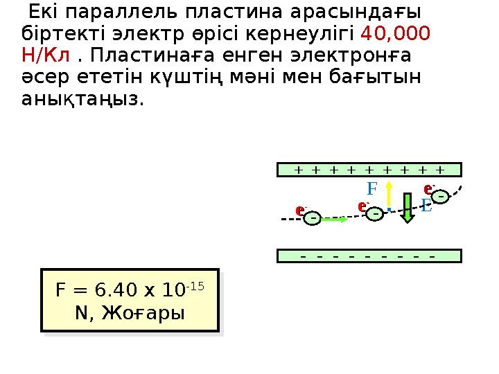 Екі параллель пластина арасындағы біртекті электр өрісі кернеулігі 40,000 Н/Кл . Пластинаға енген электронға әсер ететін күш