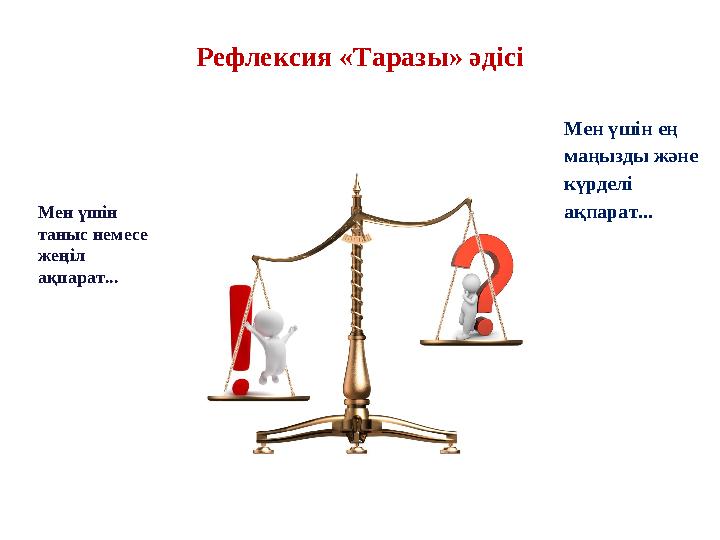 Рефлексия «Таразы» әдісі Мен үшін ең маңызды және күрделі ақпарат...Мен үшін таныс немесе жеңіл ақпарат...