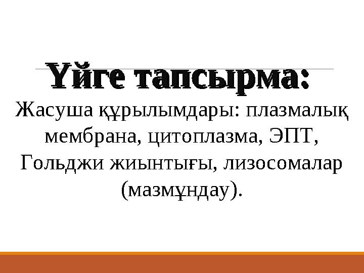 Үйге тапсырма: Үйге тапсырма: Жасуша құрылымдары: плазмалық мембрана, цитоплазма, ЭПТ, Гольджи жиынтығы, лизосомалар (мазмұ