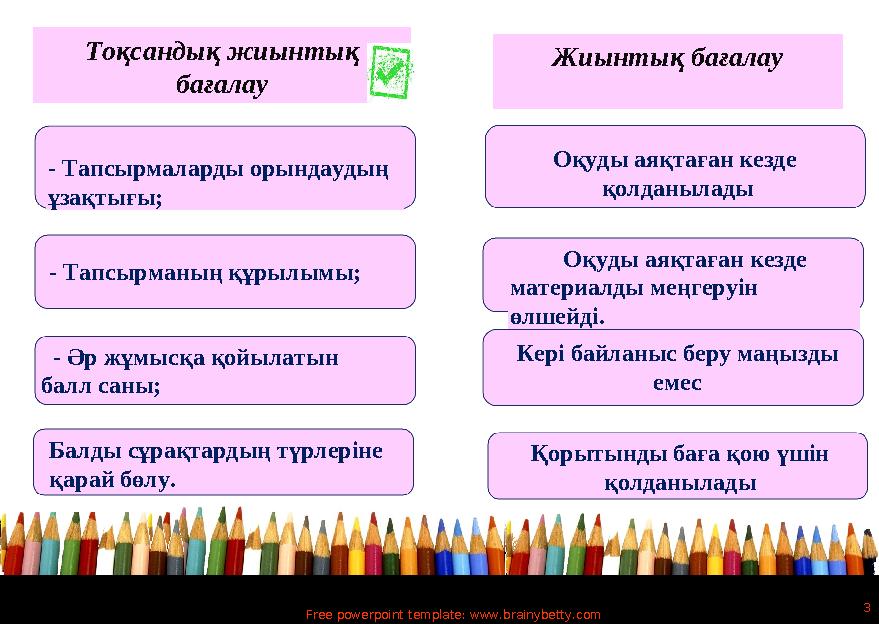 Free powerpoint template: www.brainybetty.com 3 - Тапсырмаларды орындаудың ұзақтығы; - Тапсырманың құрылымы; - Әр жұмысқа қойыл