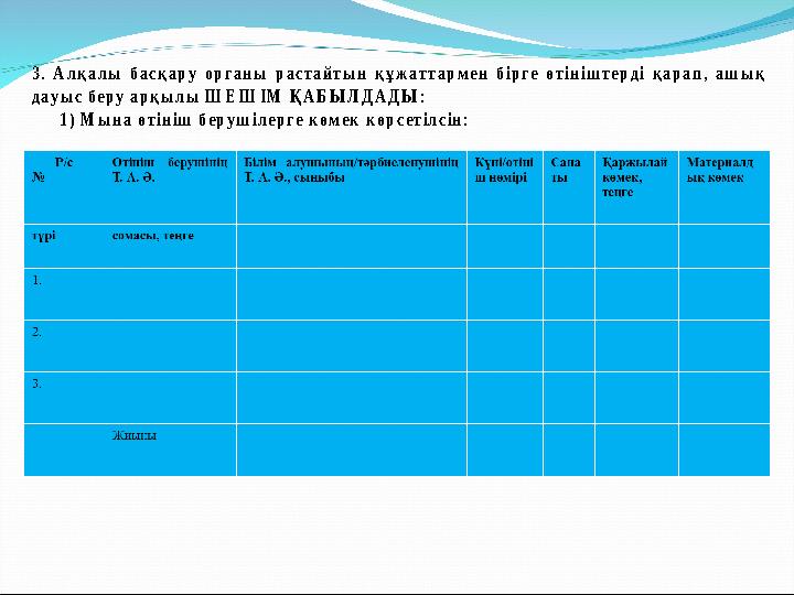 3. А лқалы басқару органы растайты н құж аттарм ен бірге өтініш терді қарап, аш ы қ дауы с беру арқы лы Ш ЕШ ІМ Қ А БЫ Л ДА ДЫ