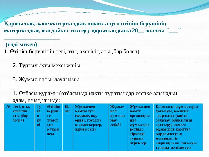 Қаржылық және материалдық көмек алуға өтініш берушінің материалдық жағдайын тексеру қорытындысы 20__ жылғы "___" _____________