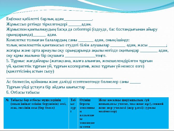 Еңбекке қабілетті барлық адам_____________. Жұмыссыз ретінде тіркелгендері ______адам. Жұмыспен қамтылмаудың басқа да себептері
