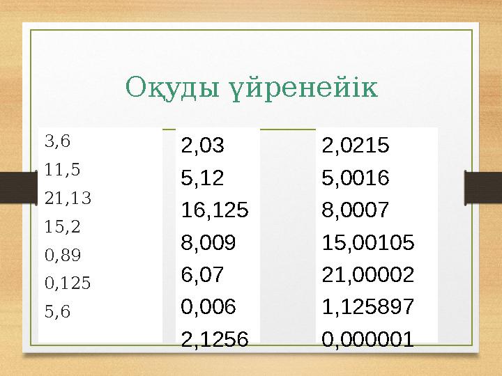 Оқуды үйренейік 3,6 11,5 21,13 15,2 0,89 0,125 5,6 2,03 5,12 16,125 8,009 6,07 0,006 2,1256 2,0215 5,0016 8,0007 15,00105 21,000