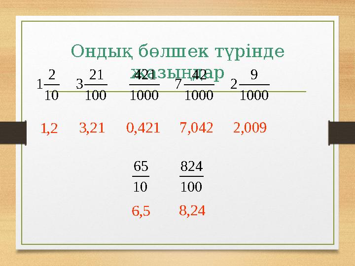 Ондық бөлшек түрінде жазыңдар 10 2 1 100 21 3 1000 421 1000 42 7 1000 9 2 10 65 100 824 2,1 21,3 421,0 042,7 009,2 5,6 24,8