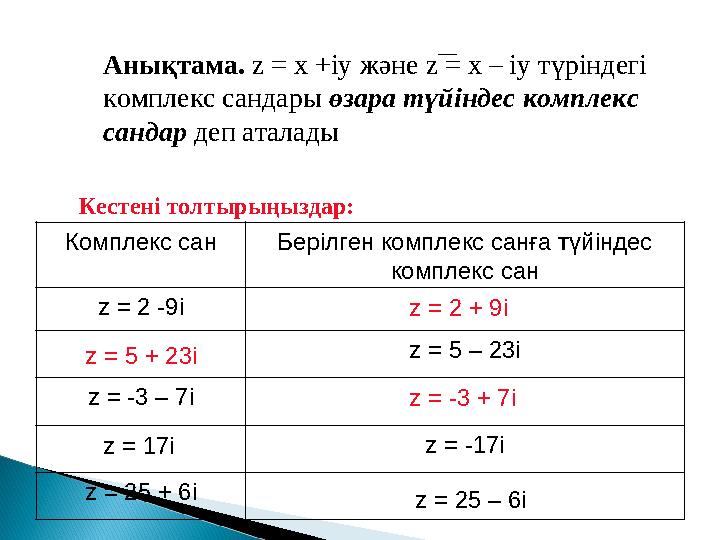 Анықтама. z = x +iy және z = x – iy түріндегі комплекс сандары өзара түйіндес комплекс сандар деп аталады Кестені толтырыңызд