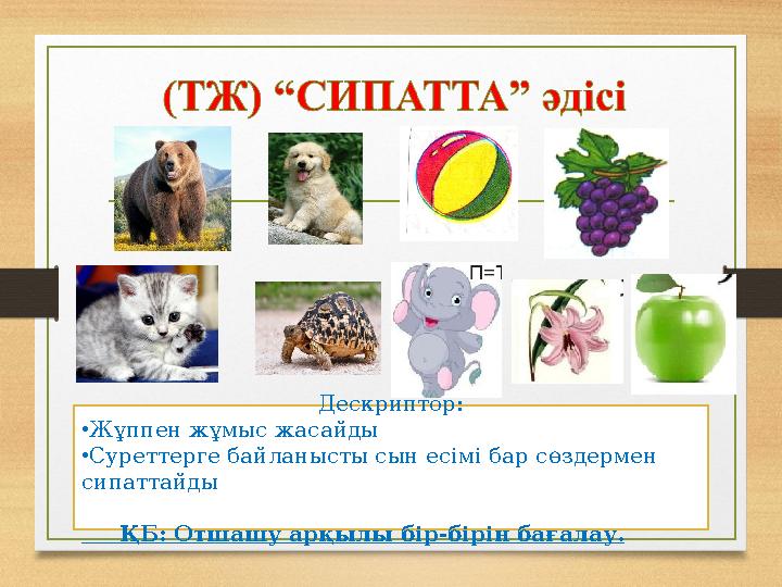 Дескриптор: •Жұппен жұмыс жасайды •Суреттерге байланысты сын есімі бар сөздермен сипаттайды ҚБ: Отшашу арқылы бір-бірін б
