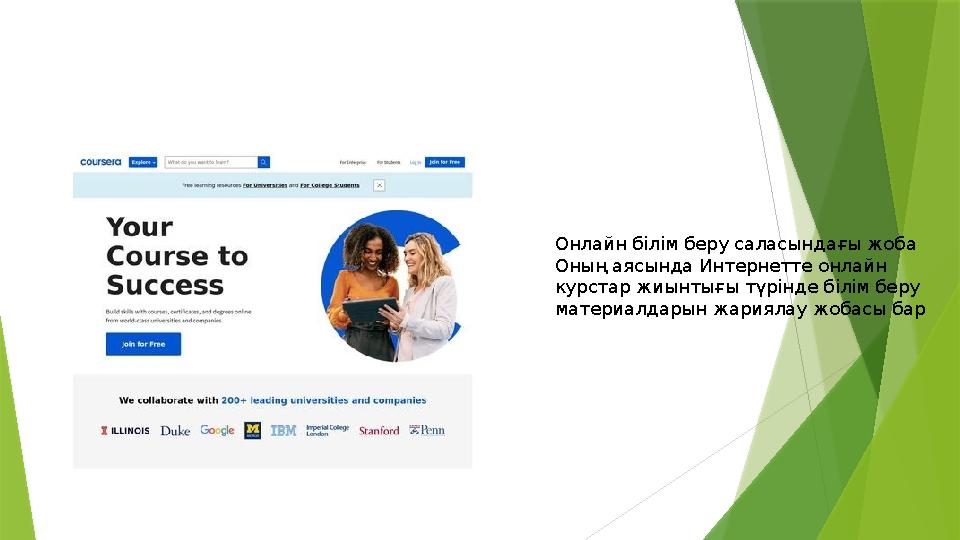 Coursera.org Оқытудың өзекті технологиялары Онлайн білім беру саласындағы жоба Оның аясында Интернетте онлайн к