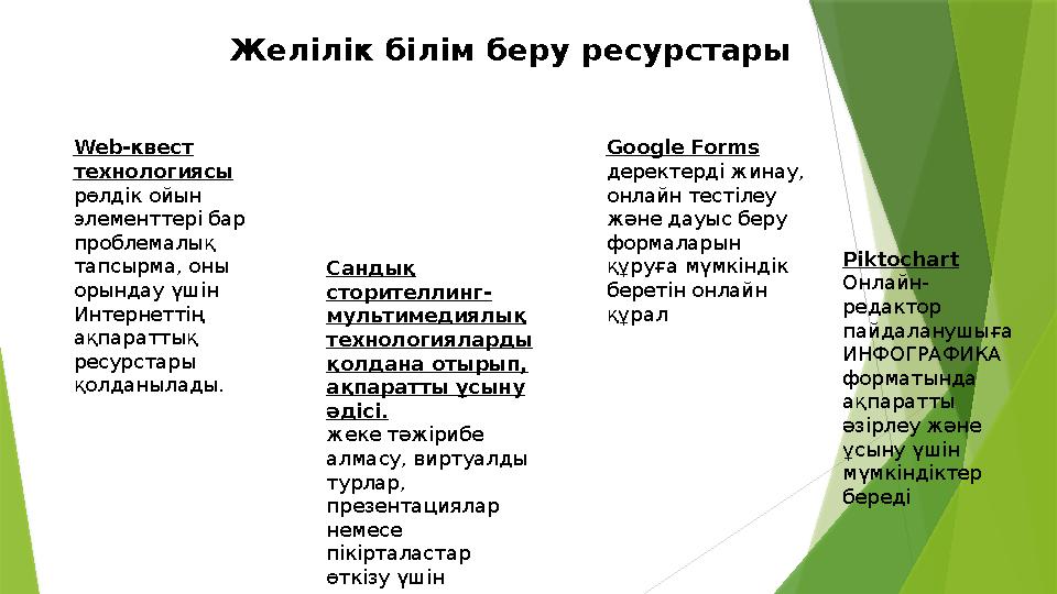 Желілік білім беру ресурстары Web-квест технологиясы рөлдік ойын элементтері бар проблемалық тапсырма, оны