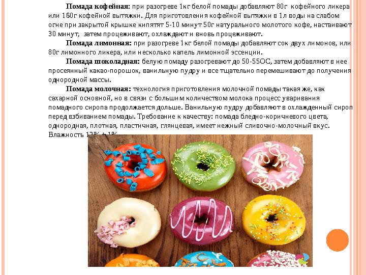 Помада кофейная: при разогреве 1кг белой помады добавляют 80г кофейного ликера или 160г кофейной вытяжки. Для приготовления