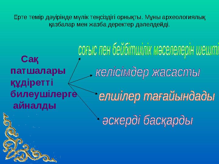 Ерте темір дәуірінде мүлік теңсіздігі орнықты. Мұны археологиялық қазбалар мен жазба деректер дәлелдейді. Сақ пат
