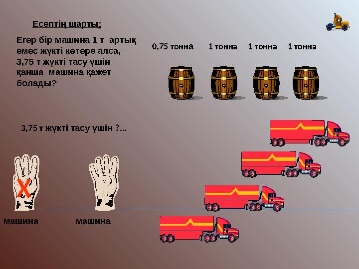 1 тонна1 тонна1 тонна0,75 тонна 3,75 т жүкті тасу үшін ?... Х машинамашина Есептің шарты: Егер бір машина 1 т артық е 1 тонна1 тонна1 тонна0,75 тонна 3,75 т жүкті тасу үшін ?... Х машинамашина Есептің шарты: Егер бір машина 1 т артық е