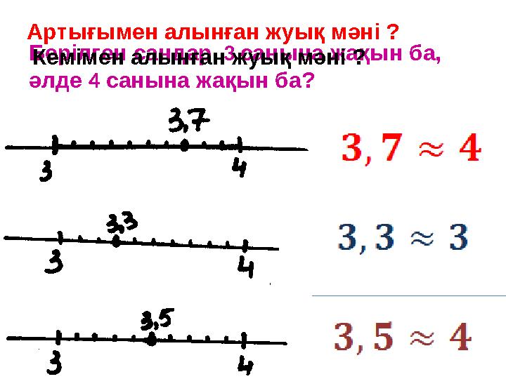 Берілген сандар 3 санына жақын ба, әлде 4 санына жақын ба? Кемімен алынған жуық мәні ? Артығымен алынған жуық мәні ? Берілген сандар 3 санына жақын ба, әлде 4 санына жақын ба? Кемімен алынған жуық мәні ? Артығымен алынған жуық мәні ?